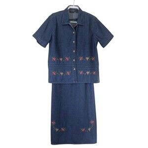 Denim Floral Jumper L Dress 90s Jean Shirt Set Vintage MPH Embroidered Rose Maxi